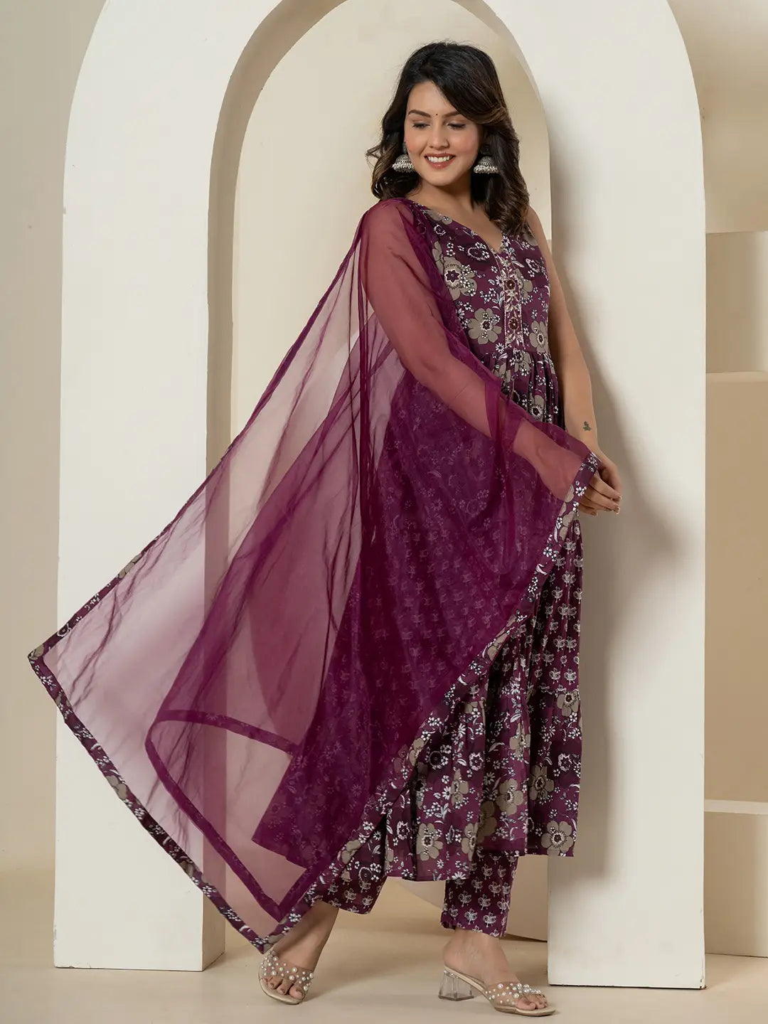 Yufta Purple Pure Cotton Fit And Flare Tiered Kurta Trouser & Dupatta Set - Distacart
