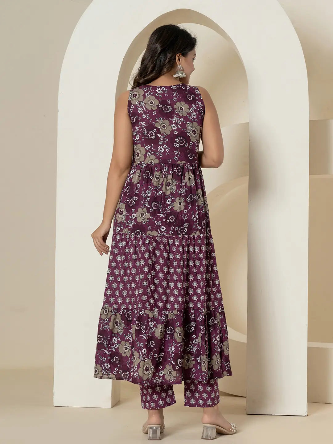 Yufta Purple Pure Cotton Fit And Flare Tiered Kurta Trouser & Dupatta Set