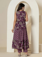 Thumbnail for Yufta Purple Pure Cotton Fit And Flare Tiered Kurta Trouser & Dupatta Set