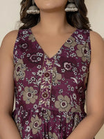 Thumbnail for Yufta Purple Pure Cotton Fit And Flare Tiered Kurta Trouser & Dupatta Set