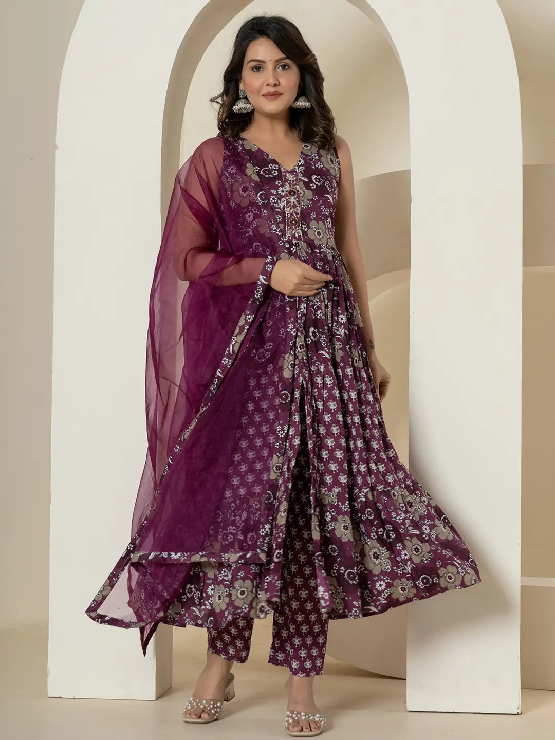 Yufta Purple Pure Cotton Fit And Flare Tiered Kurta Trouser & Dupatta Set