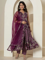Thumbnail for Yufta Purple Pure Cotton Fit And Flare Tiered Kurta Trouser & Dupatta Set
