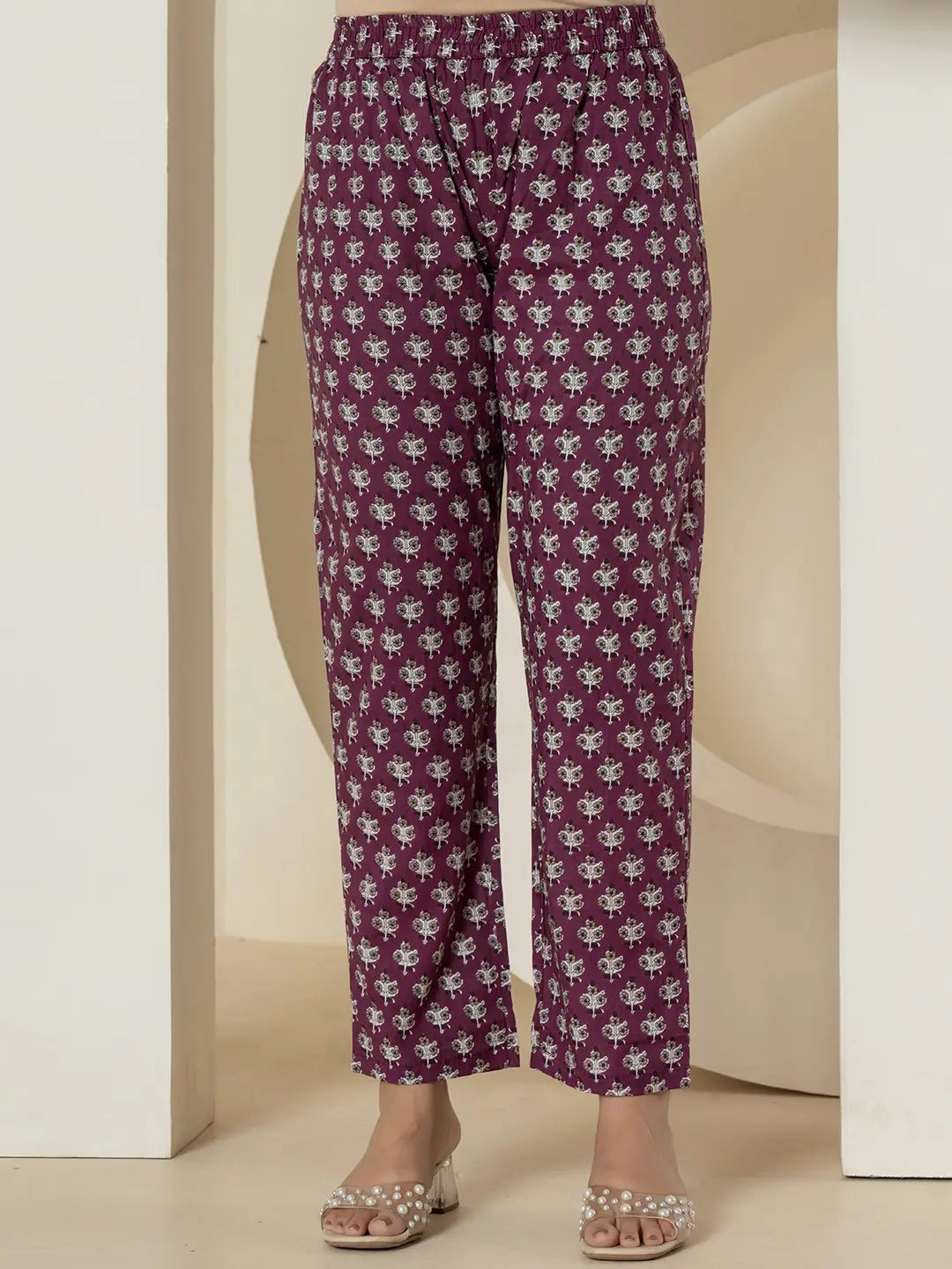 Yufta Purple Pure Cotton Fit And Flare Tiered Kurta Trouser & Dupatta Set