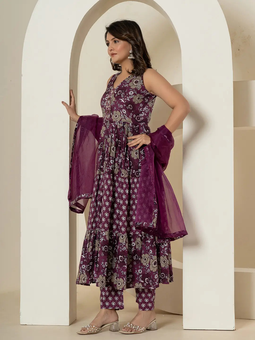 Yufta Purple Pure Cotton Fit And Flare Tiered Kurta Trouser & Dupatta Set