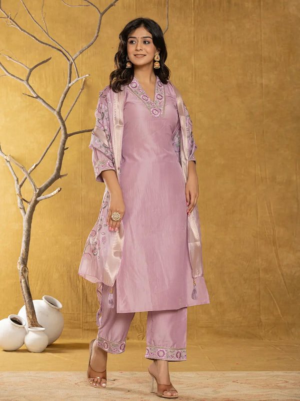 Yufta Purple Silk Blend Pakistani Style Kurta Dupatta Set
