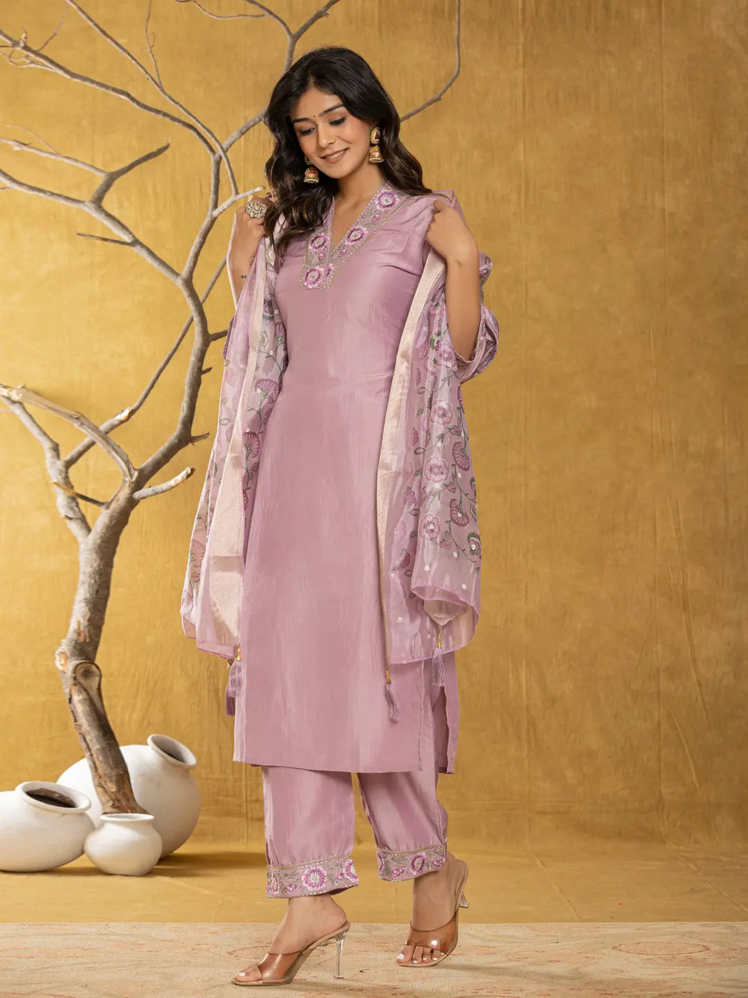 Yufta Purple Silk Blend Pakistani Style Kurta Dupatta Set