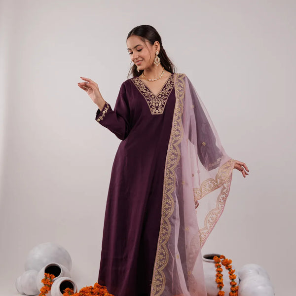 Yufta Purple Silk Embroidered Kurta Dupatta Set - Distacart