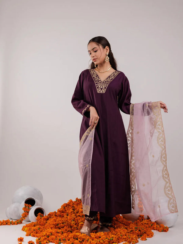 Yufta Purple Silk Embroidered Kurta Dupatta Set