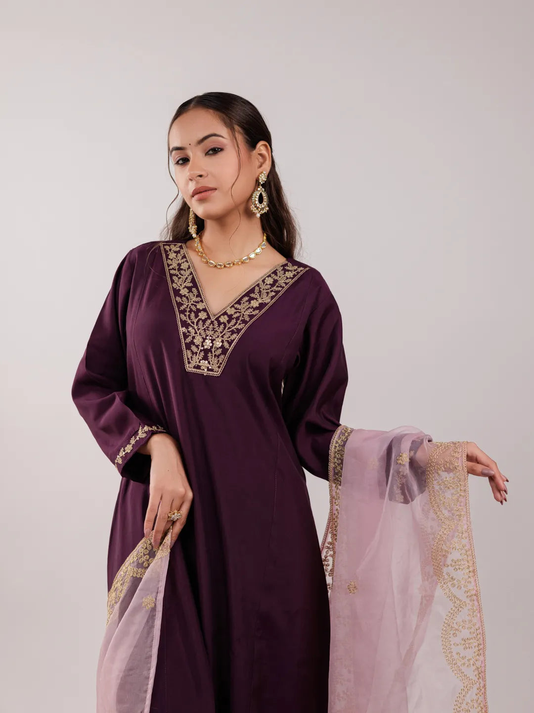 Yufta Purple Silk Embroidered Kurta Dupatta Set