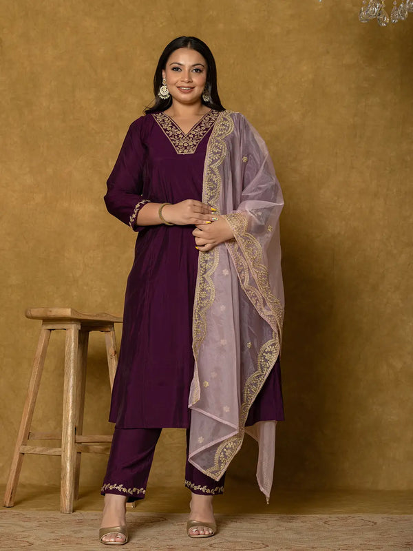 Yufta Purple Silk Embroidered Plus Size Kurta Dupatta Set