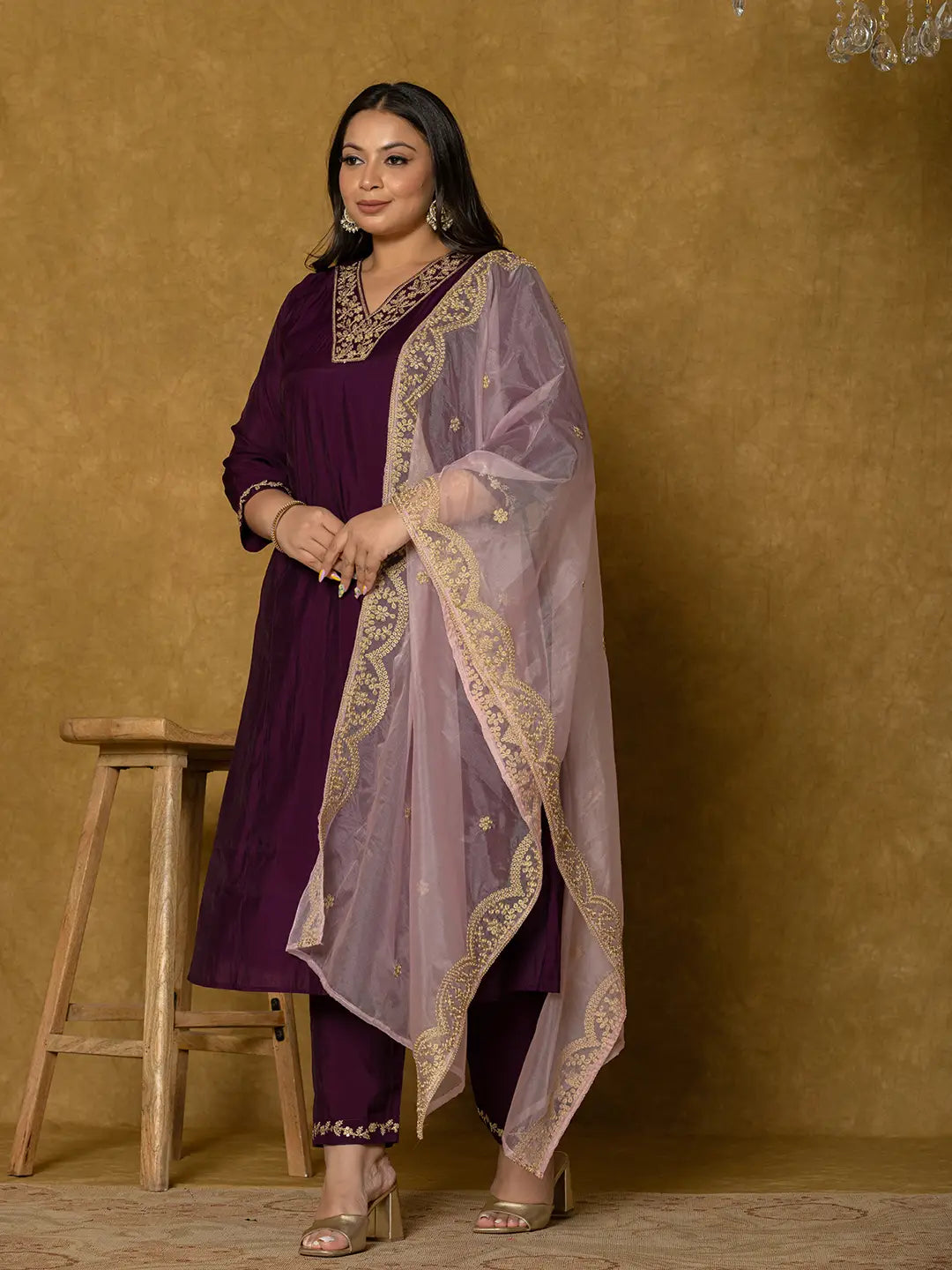 Yufta Purple Silk Embroidered Plus Size Kurta Dupatta Set - Distacart