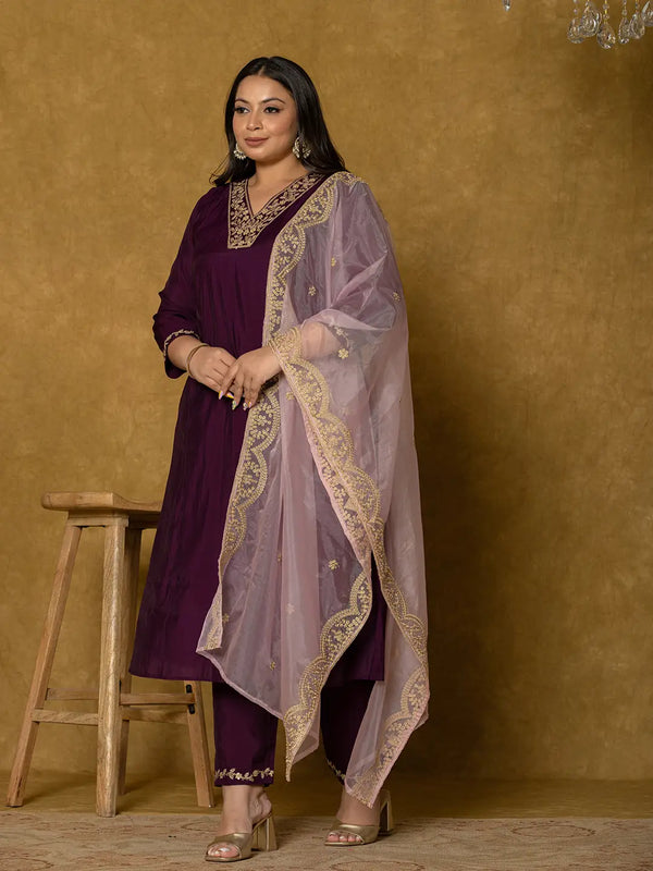 Yufta Purple Silk Embroidered Plus Size Kurta Dupatta Set