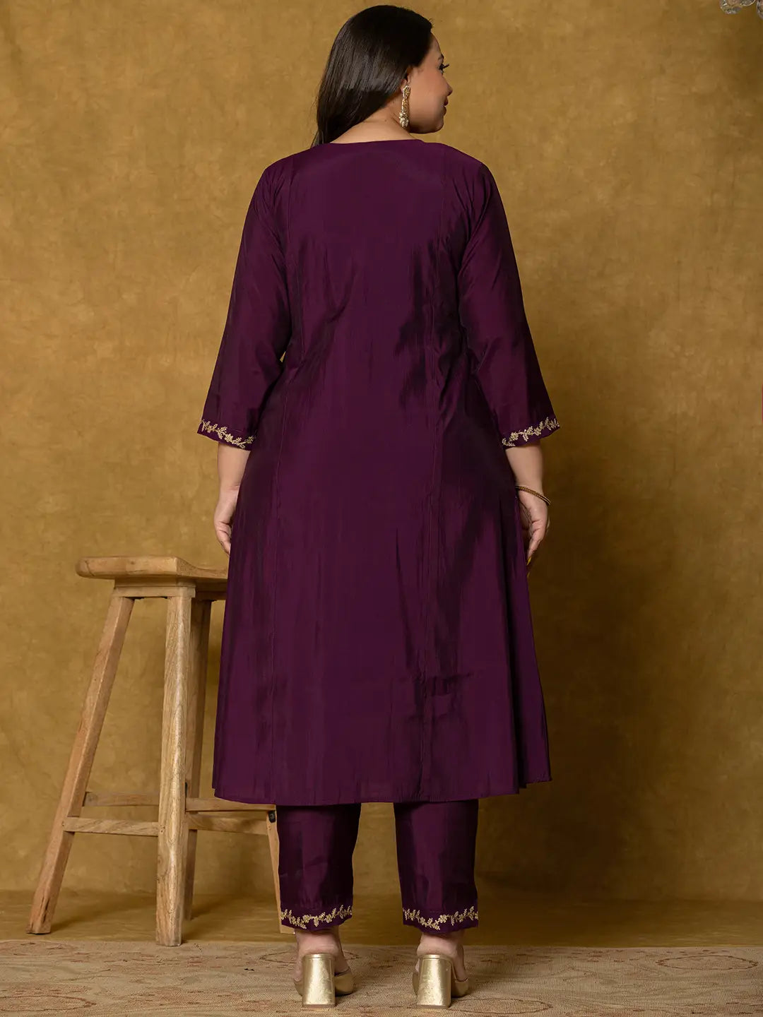 Yufta Purple Silk Embroidered Plus Size Kurta Dupatta Set