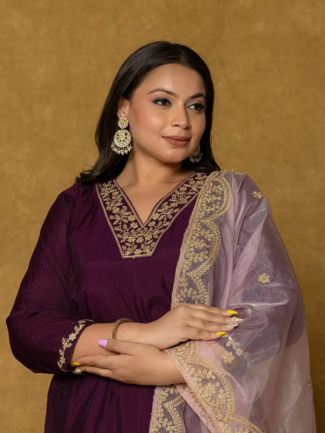 Yufta Purple Silk Embroidered Plus Size Kurta Dupatta Set