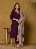 Thumbnail for Yufta Purple Silk Embroidered Plus Size Kurta Dupatta Set