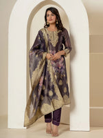 Thumbnail for Yufta Purple Tissue Kurta Dupatta Pant Set