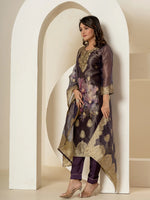 Thumbnail for Yufta Purple Tissue Kurta Dupatta Pant Set