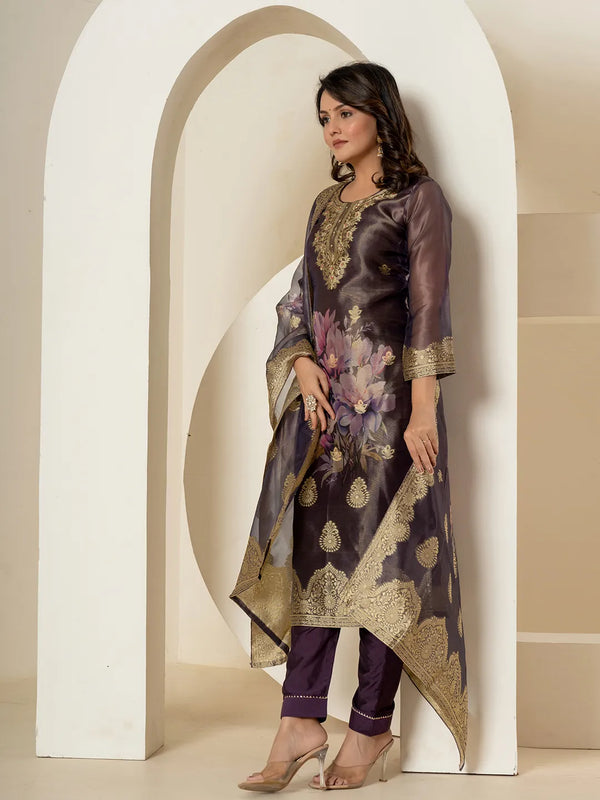 Yufta Purple Tissue Kurta Dupatta Pant Set