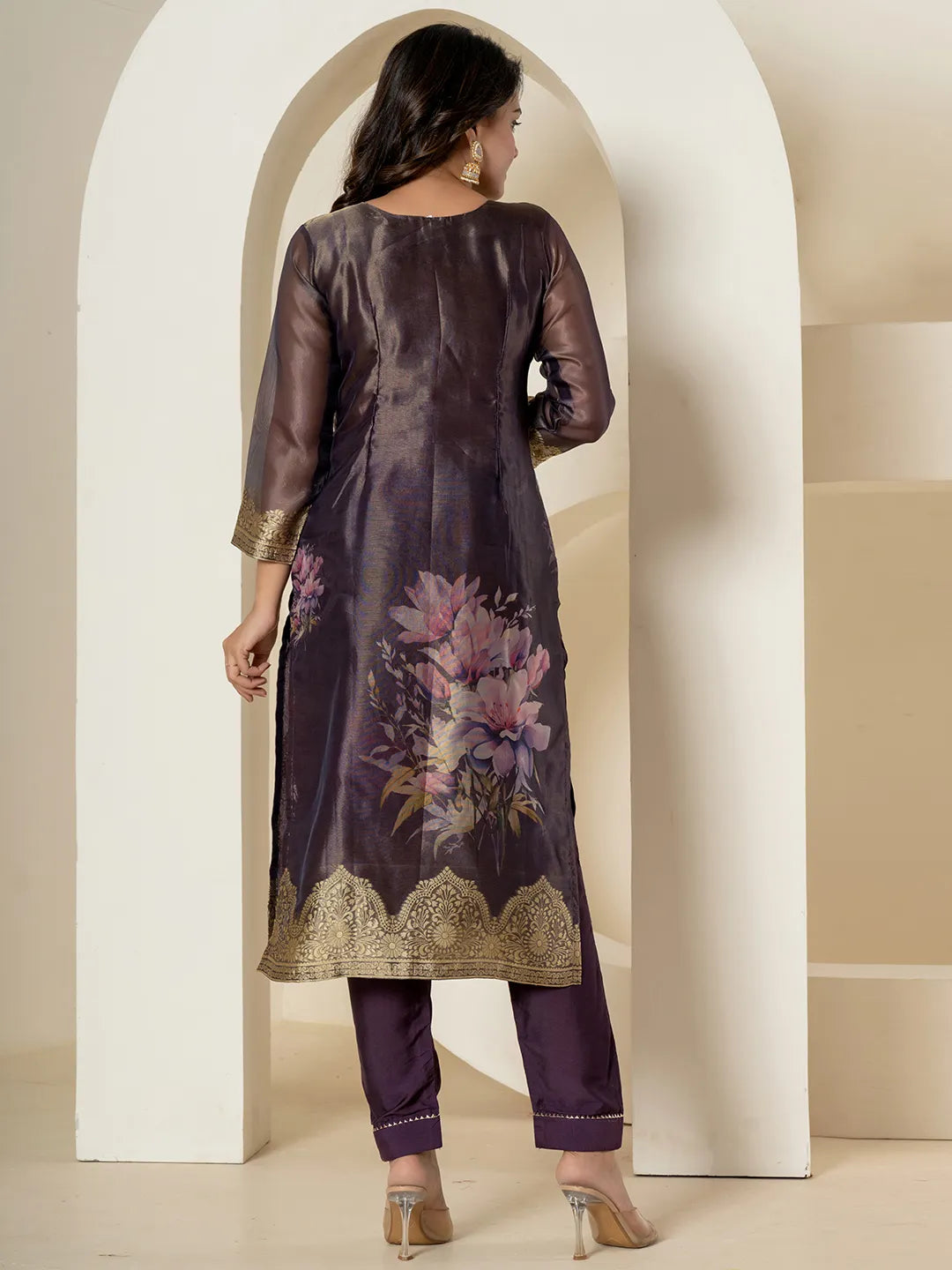 Yufta Purple Tissue Kurta Dupatta Pant Set