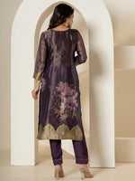 Thumbnail for Yufta Purple Tissue Kurta Dupatta Pant Set
