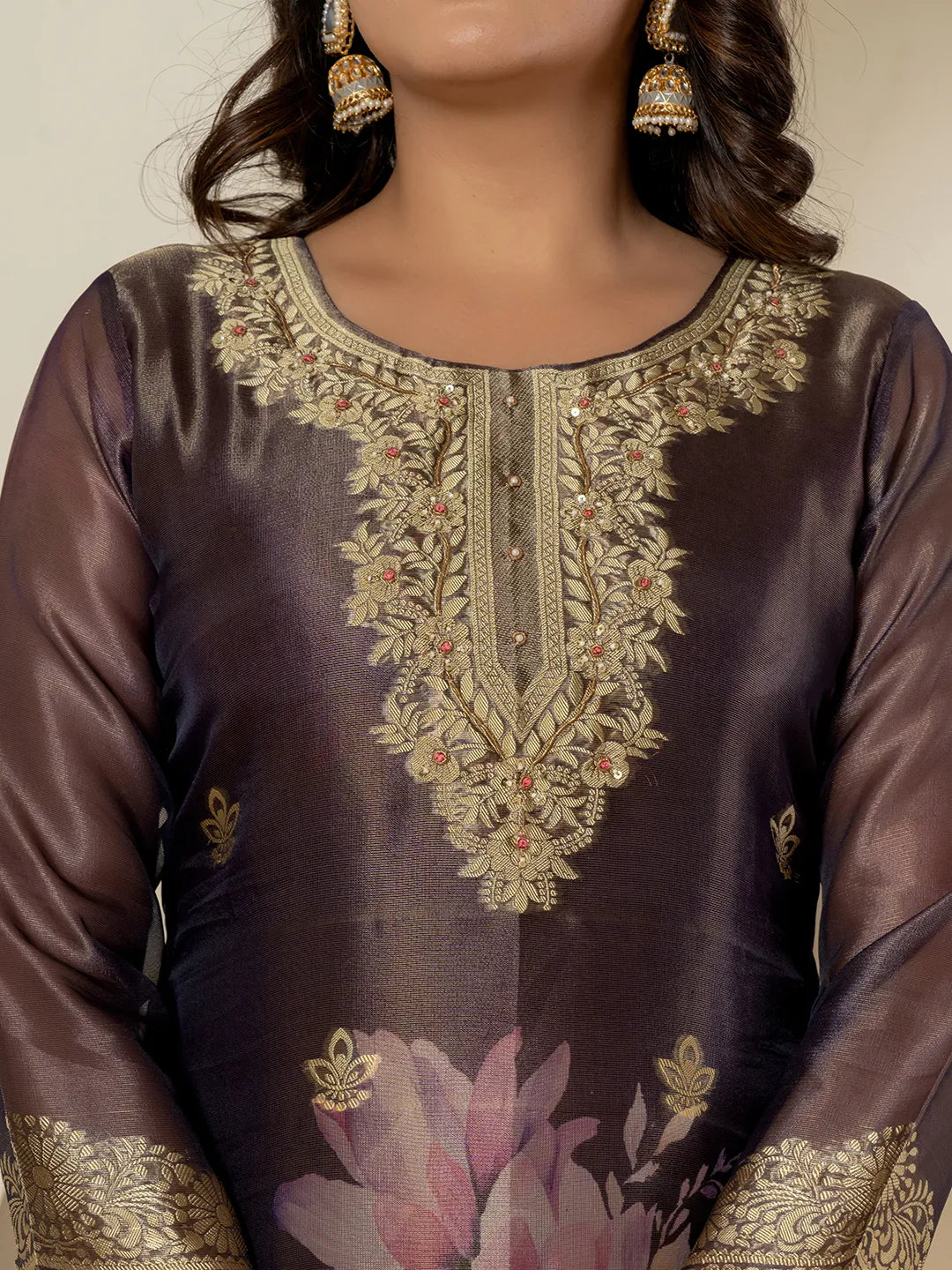 Yufta Purple Tissue Kurta Dupatta Pant Set