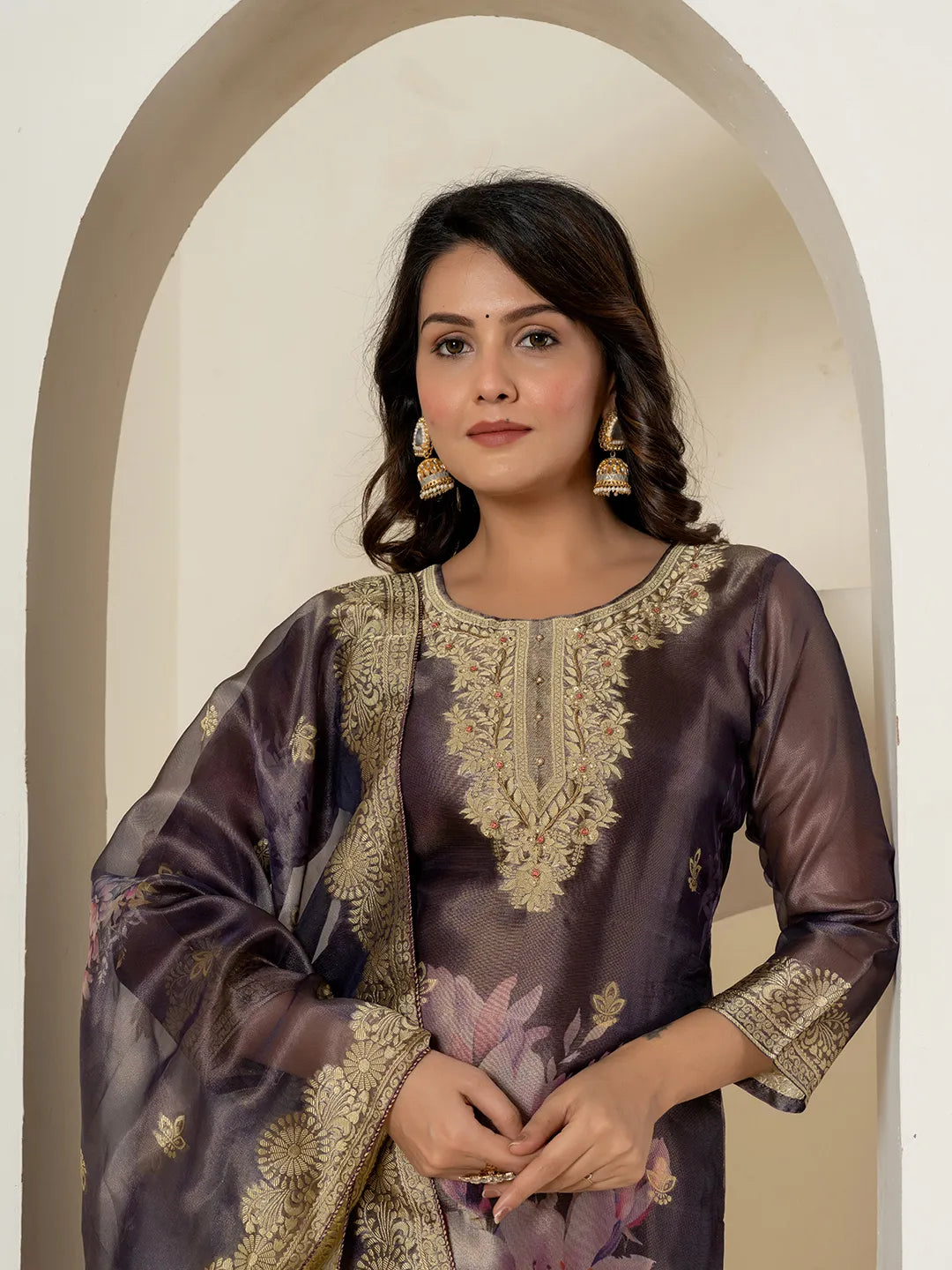 Yufta Purple Tissue Kurta Dupatta Pant Set
