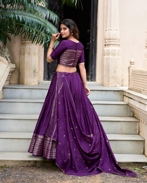 Evanik Women Pure Chanderi Plain With Zari Weaving Work Border Stitched Lehenga With Unstitched Blouse Dupatta(Up to 42)