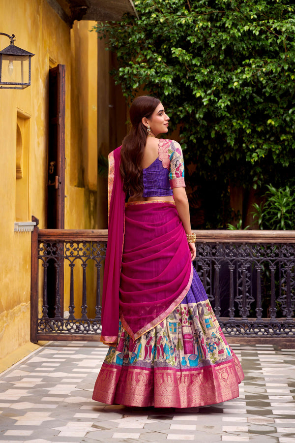 Evanik Purple South Style Kalamkari Print Design Zari Work Unstitched Lehenga Choli