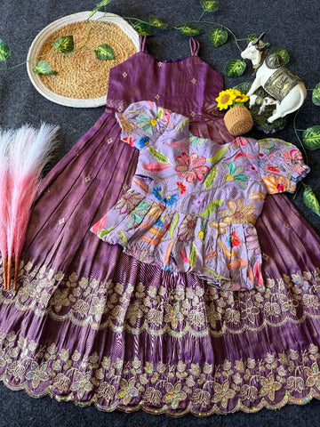 Evanik Designer Purple Tissue Silk Embroidered Work Gown With koti for Kids - Dista