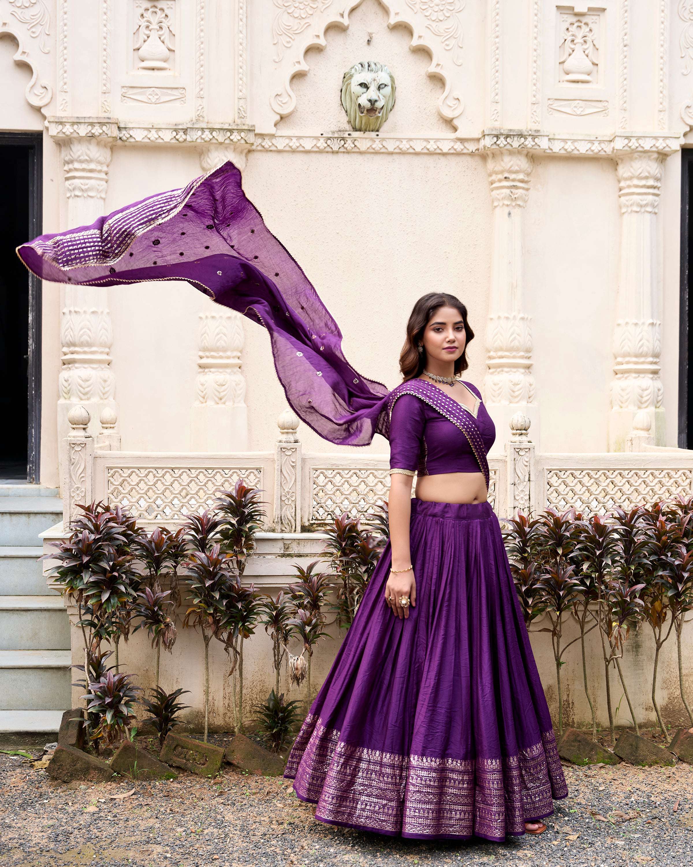 Evanik Women Pure Chanderi Plain With Zari Weaving Work Border Stitched Lehenga With Unstitched Blouse Dupatta(Up to 42)