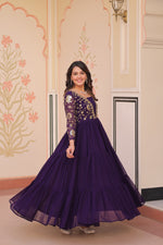 Thumbnail for Evanik Purple Faux Blooming With Sequins & Zari Embroidered work Gown