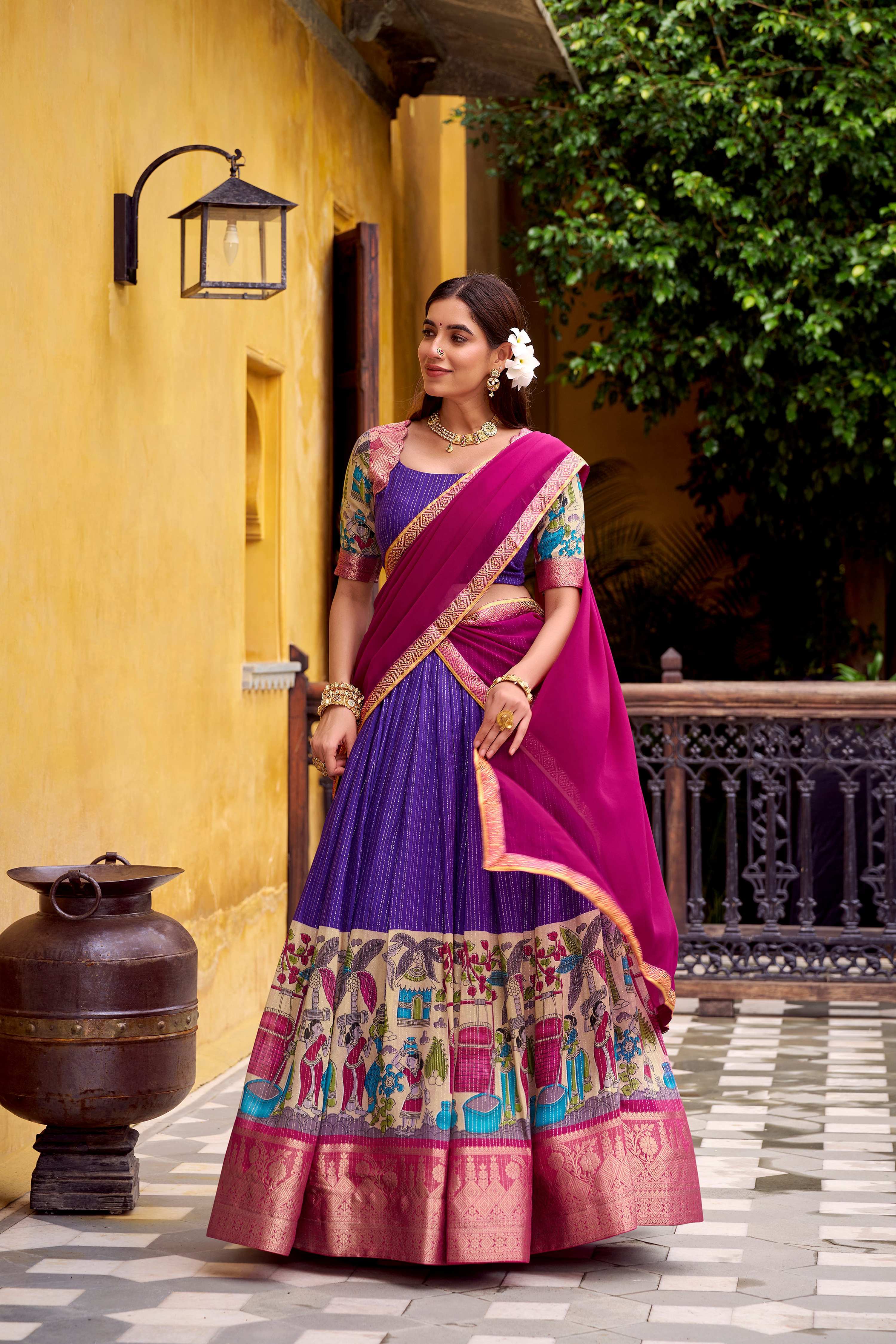 Evanik Purple South Style Kalamkari Print Design Zari Work Unstitched Lehenga Choli