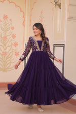 Thumbnail for Evanik Purple Faux Blooming With Sequins & Zari Embroidered work Gown