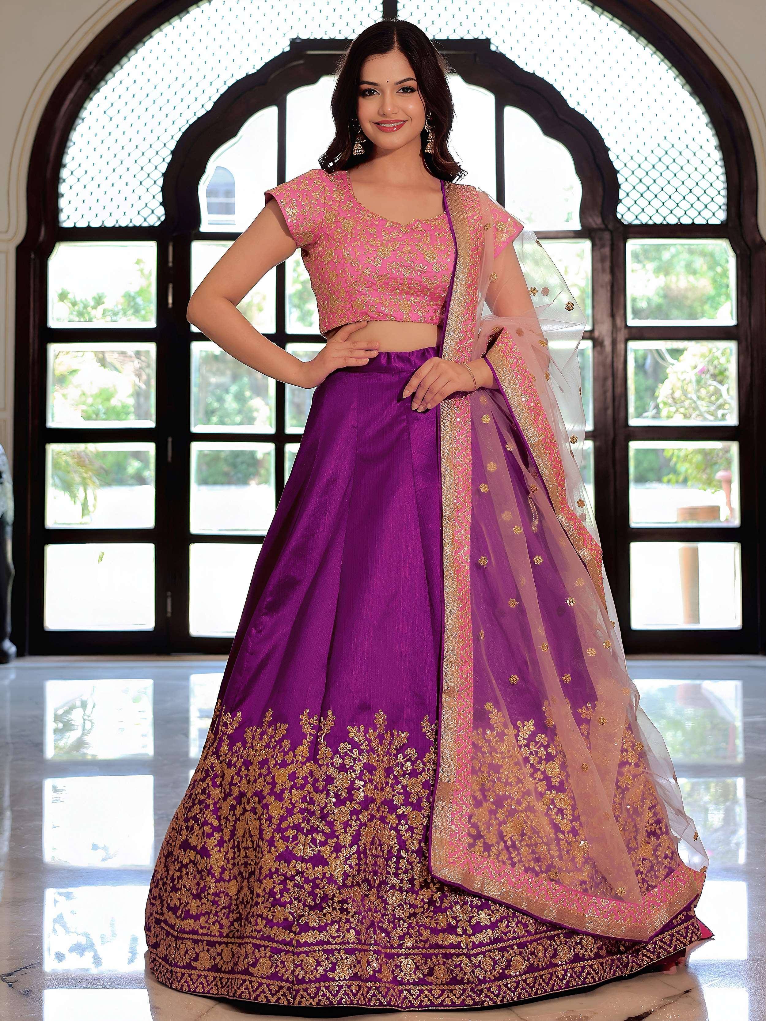 Tulsi Art Glamorous Purple Mulberry Silk Zari Embroidered Lehenga Choli - Dista