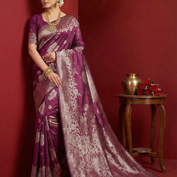 Anaita Purple Silk Blend Woven Saree With Blouse - Distacart