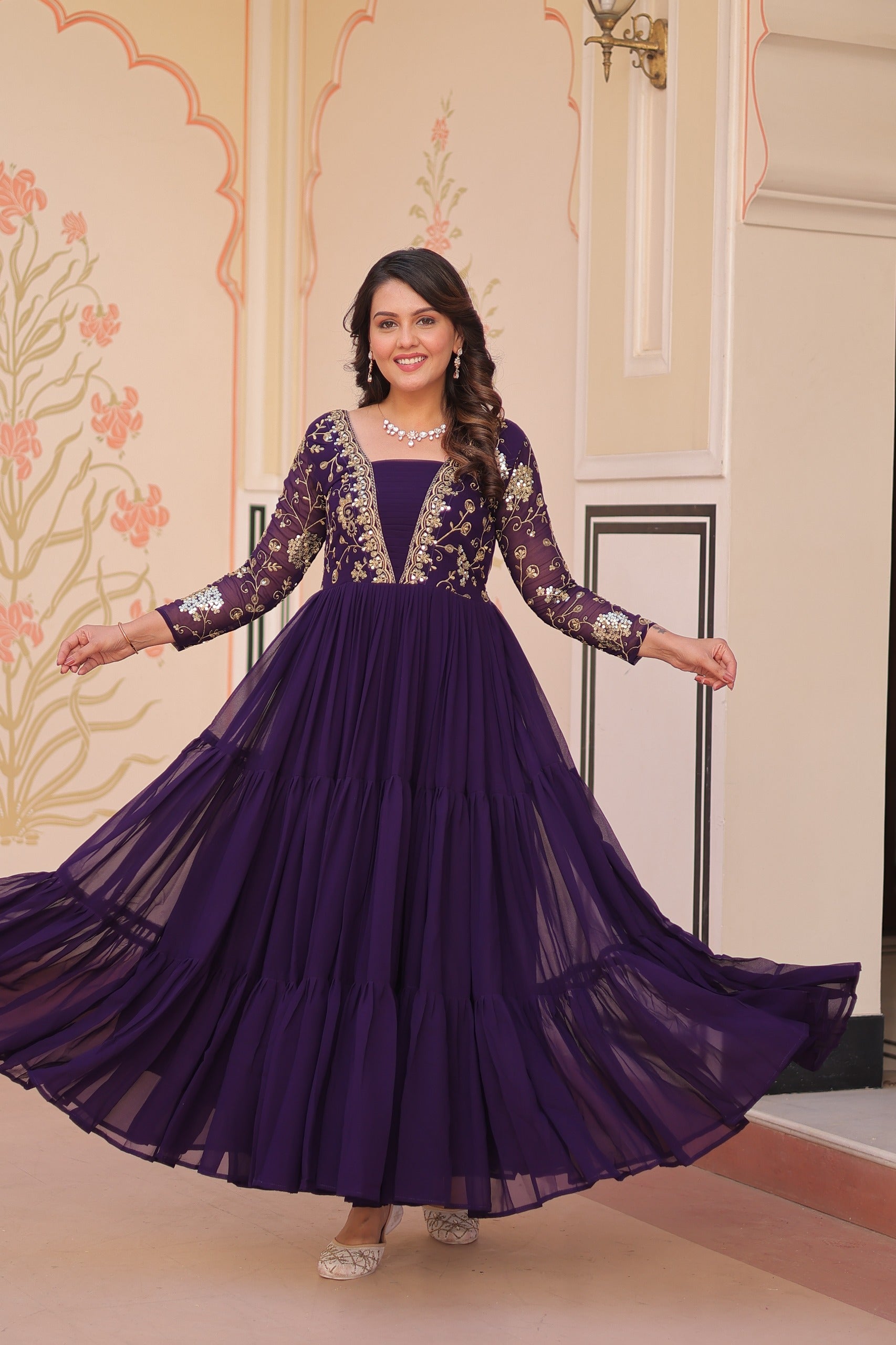 Evanik Purple Faux Blooming With Sequins & Zari Embroidered work Gown