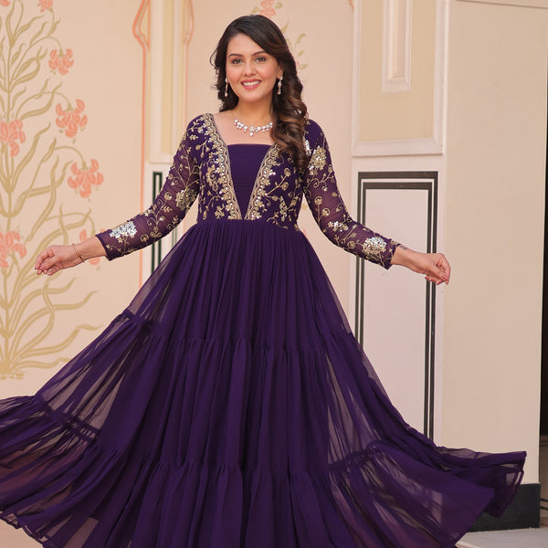 Evanik Purple Faux Blooming With Sequins & Zari Embroidered work Gown