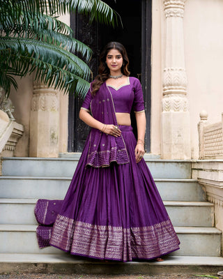 Evanik Women Pure Chanderi Plain With Zari Weaving Work Border Stitched Lehenga With Unstitched Blouse Dupatta(Up to 42)