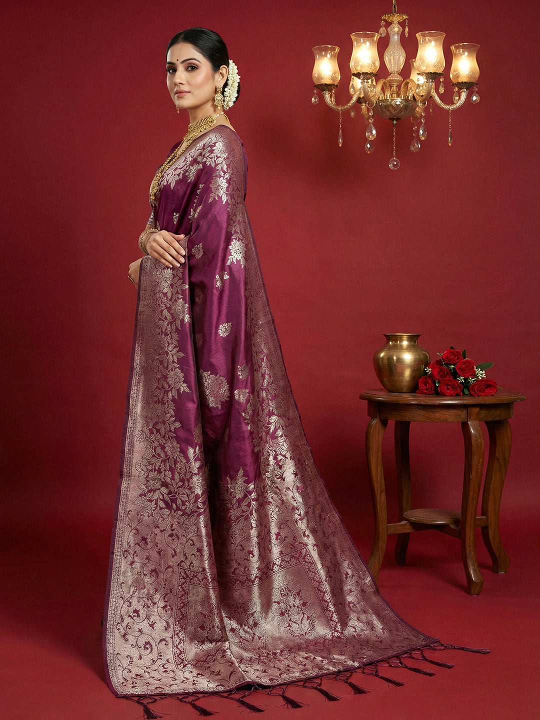 Anaita Purple Silk Blend Woven Saree With Blouse - Distacart