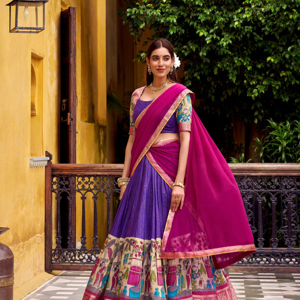 Evanik Purple South Style Kalamkari Print Design Zari Work Unstitched Lehenga Choli