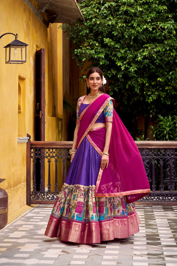 Evanik Purple South Style Kalamkari Print Design Zari Work Unstitched Lehenga Choli