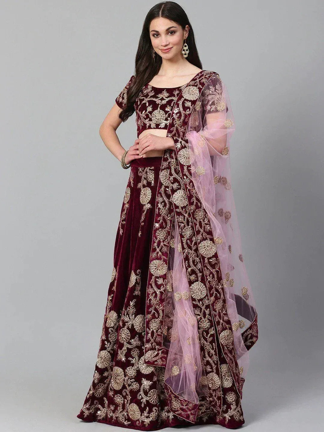 Tulsi Art Purple & Golden Semi-Stitched Myntra Party Wear Lehenga & Unstitched Blouse With Dupatta - Dista