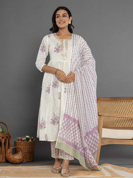 Yufta Purple Gota_Patti Cotton Anarkali Kurta Dupatta Pant Set