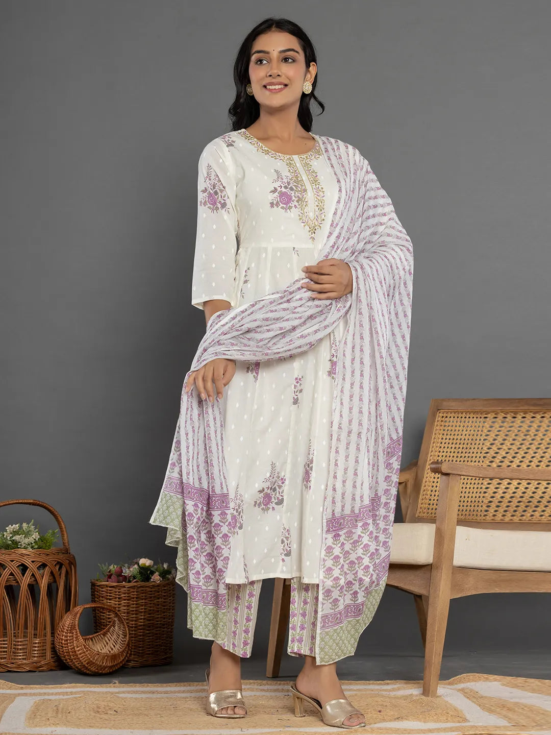 Yufta Purple Gota_Patti Cotton Anarkali Kurta Dupatta Pant Set - Distacart