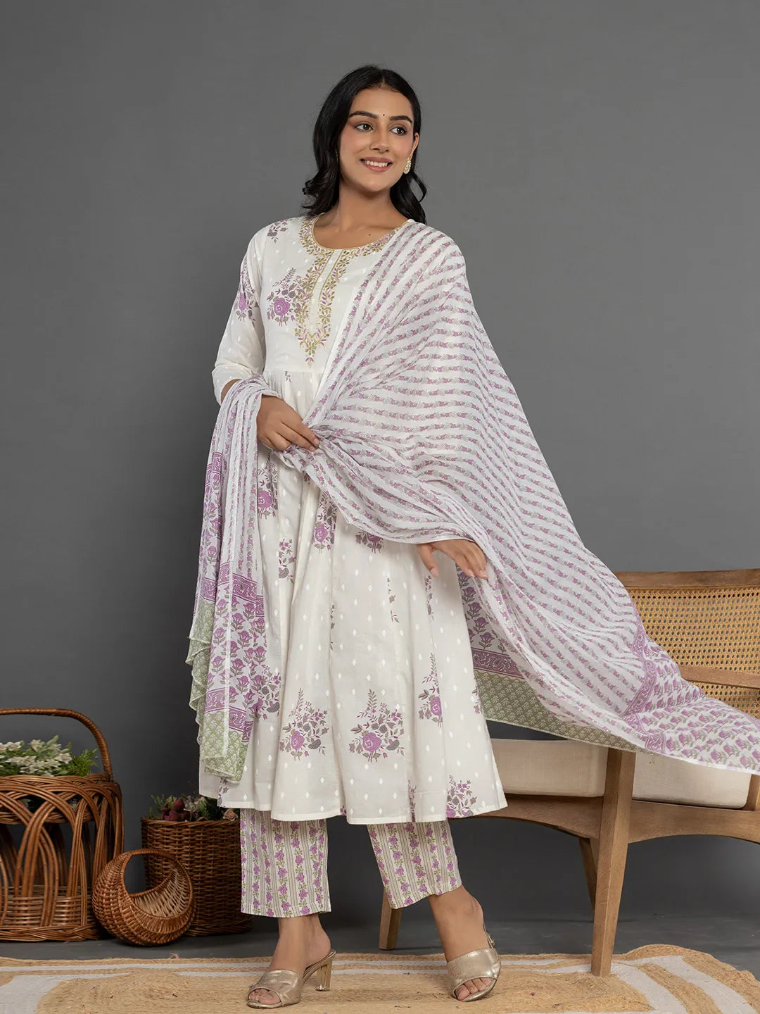 Yufta Purple Gota_Patti Cotton Anarkali Kurta Dupatta Pant Set