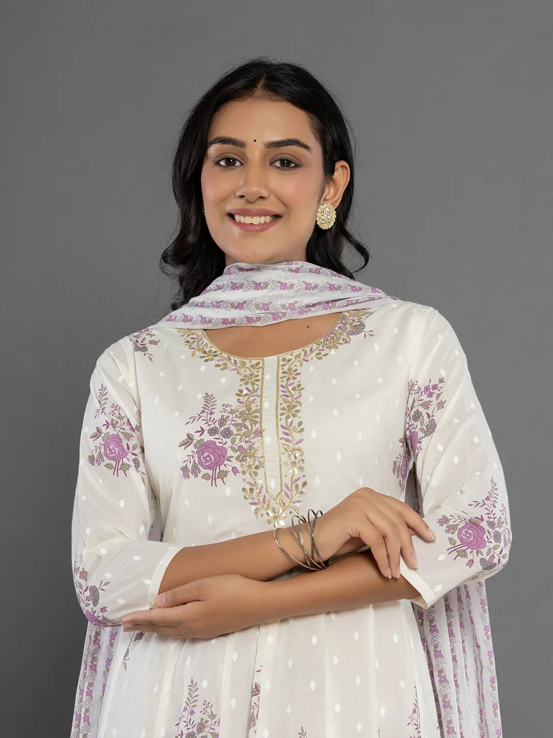 Yufta Purple Gota_Patti Cotton Anarkali Kurta Dupatta Pant Set