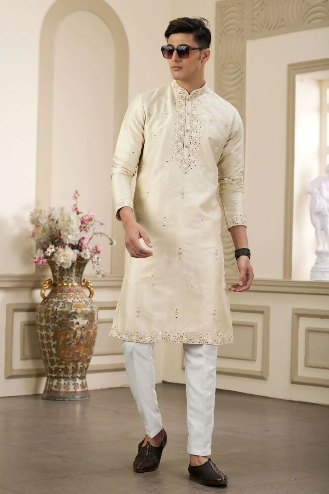 Raivat Ethnic Banarasi Art Silk Thread and Mirror Work Kurta Pajama In Beige Colour