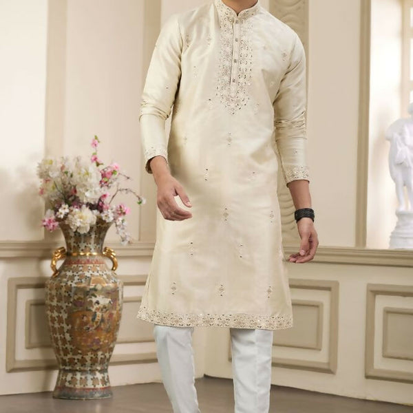Raivat Ethnic Banarasi Art Silk Thread and Mirror Work Kurta Pajama In Beige Colour - Distacart