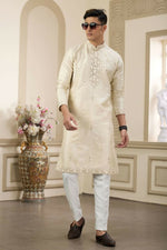 Thumbnail for Raivat Ethnic Banarasi Art Silk Thread and Mirror Work Kurta Pajama In Beige Colour