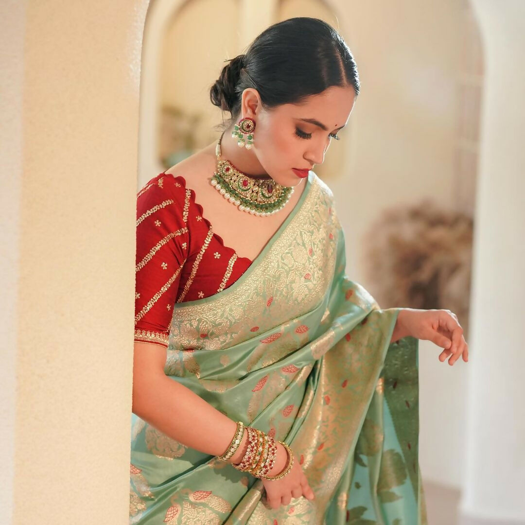 Preksha Creation Women Banarasi White Saree With Zari Work - Distacart